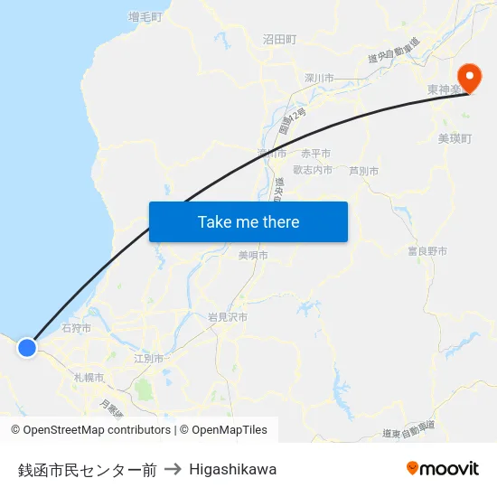 銭函市民センター前 to Higashikawa map
