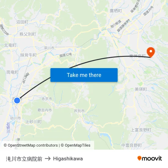 滝川市立病院前 to Higashikawa map