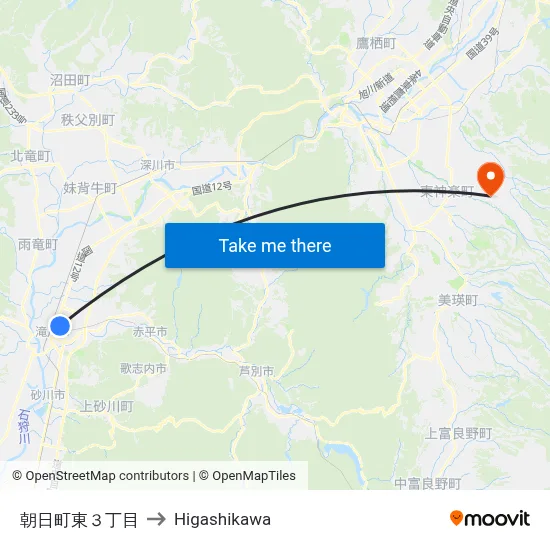 Asahi-cho East 3-chome to Higashikawa map