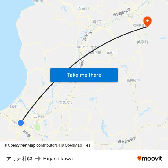 Ario Sapporo to Higashikawa map