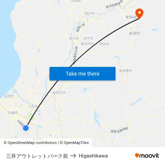 三井アウトレットパーク前 to Higashikawa map