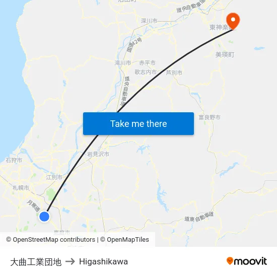 大曲工業団地 to Higashikawa map