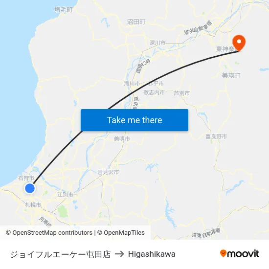 ジョイフルエーケー屯田店 to Higashikawa map