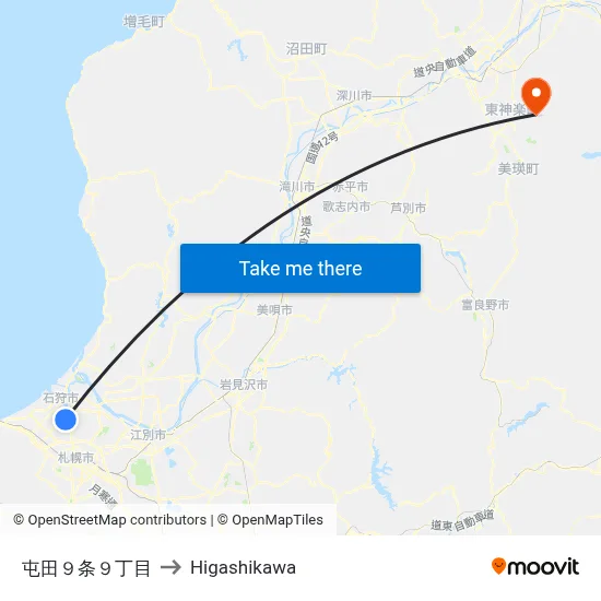 屯田９条９丁目 to Higashikawa map