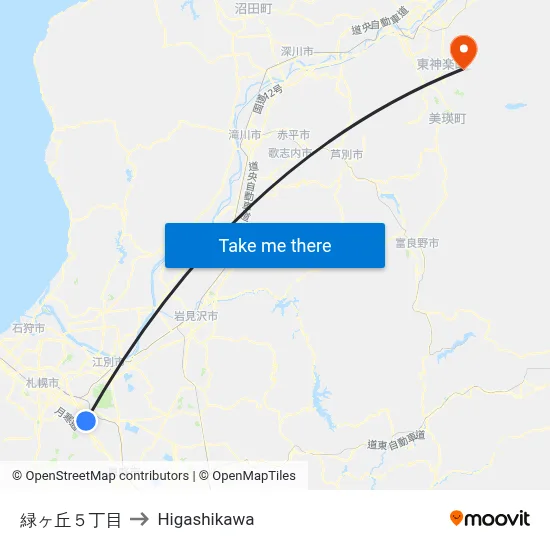 緑ヶ丘５丁目 to Higashikawa map