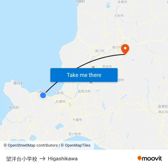 Boyo-dai Elementary School to Higashikawa map