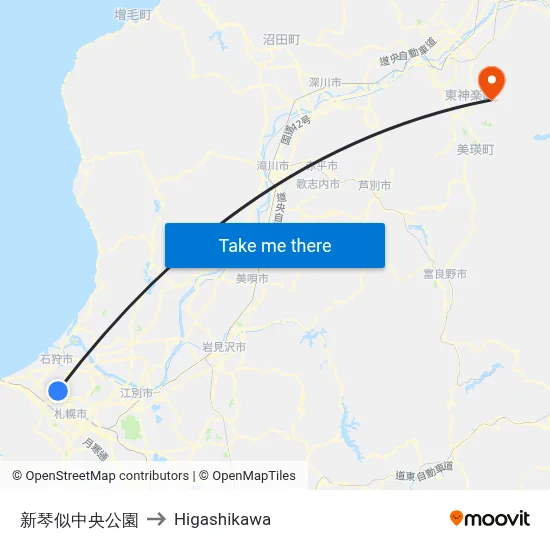 新琴似中央公園 to Higashikawa map