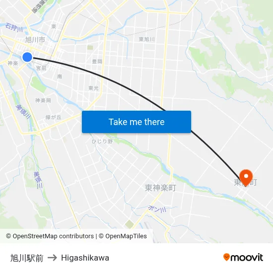 旭川駅前 to Higashikawa map