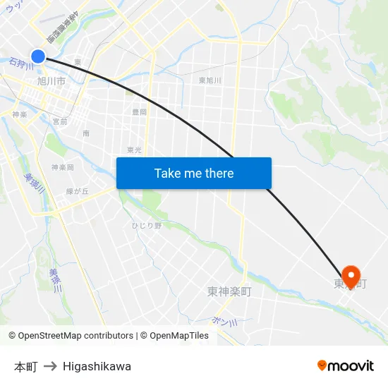 本町 to Higashikawa map