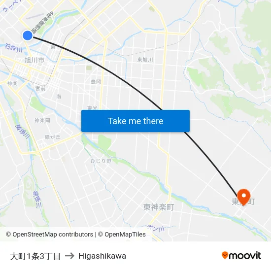 大町1条3丁目 to Higashikawa map