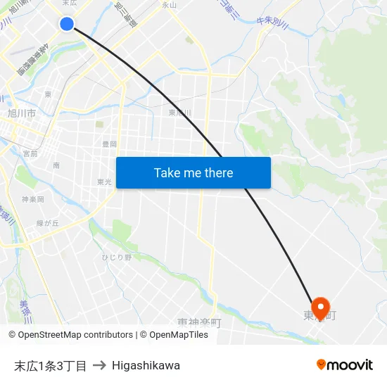 末広1条3丁目 to Higashikawa map