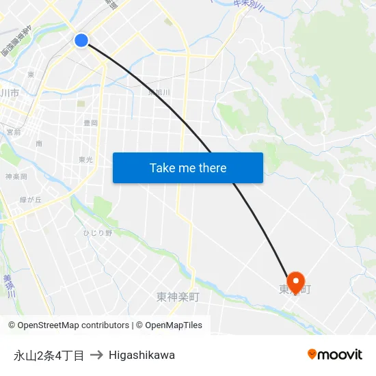 永山2条4丁目 to Higashikawa map