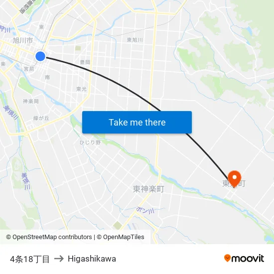 4条18丁目 to Higashikawa map