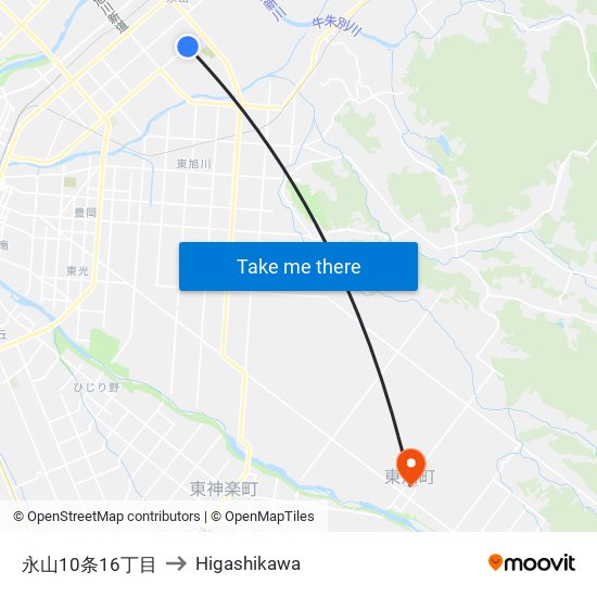 永山10条16丁目 to Higashikawa map