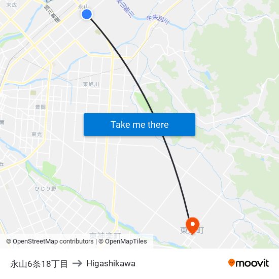 永山6条18丁目 to Higashikawa map