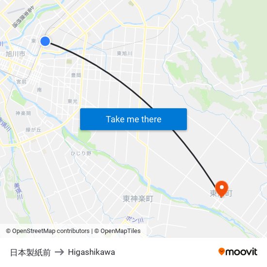 日本製紙前 to Higashikawa map