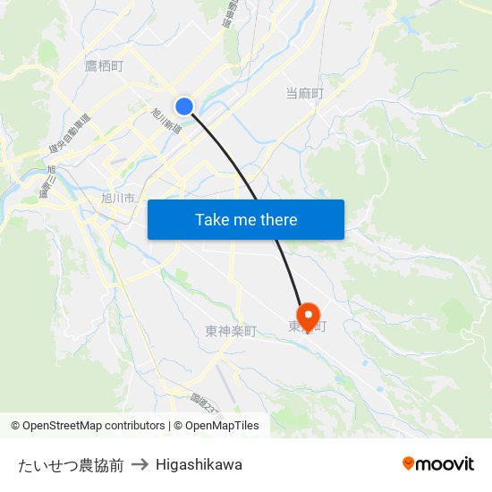 たいせつ農協前 to Higashikawa map