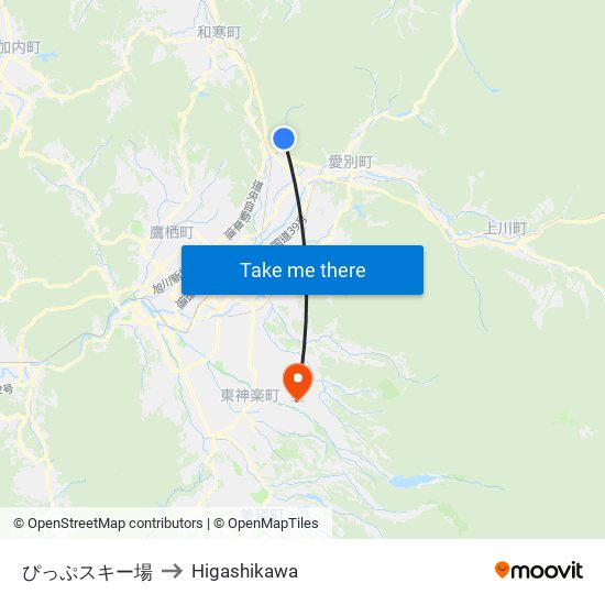 ぴっぷスキー場 to Higashikawa map