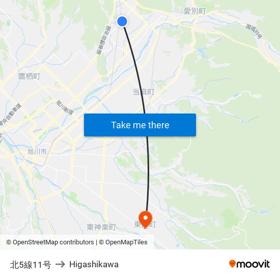 北5線11号 to Higashikawa map