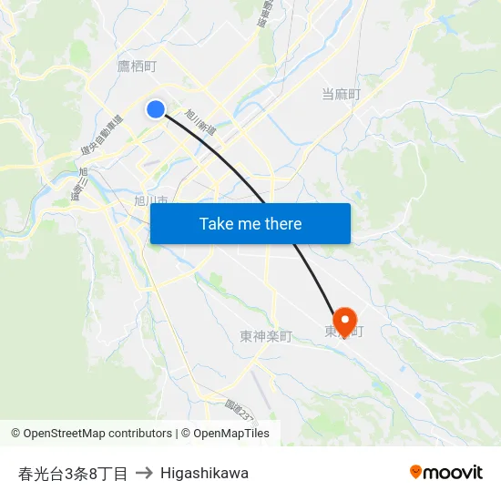 春光台3条8丁目 to Higashikawa map