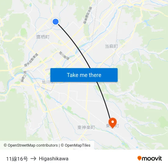 11線16号 to Higashikawa map