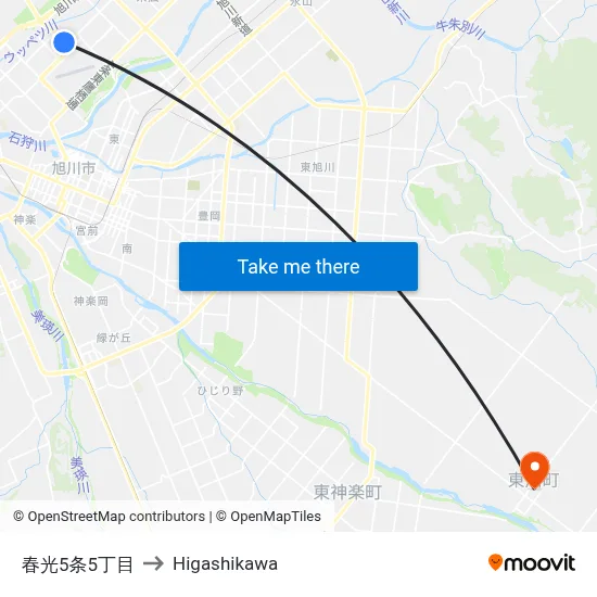 Shunko 5-jo 5-chome to Higashikawa map