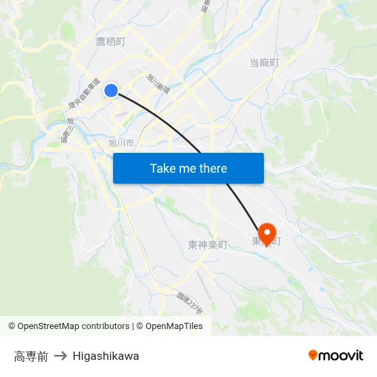 Kosen-mae to Higashikawa map