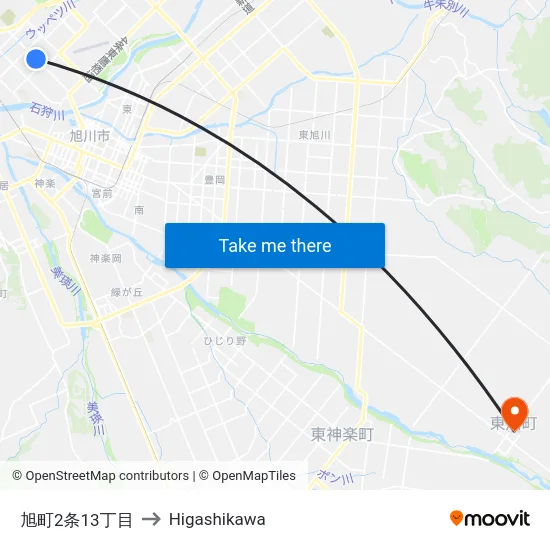 旭町2条13丁目 to Higashikawa map