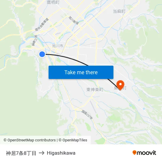 神居7条8丁目 to Higashikawa map