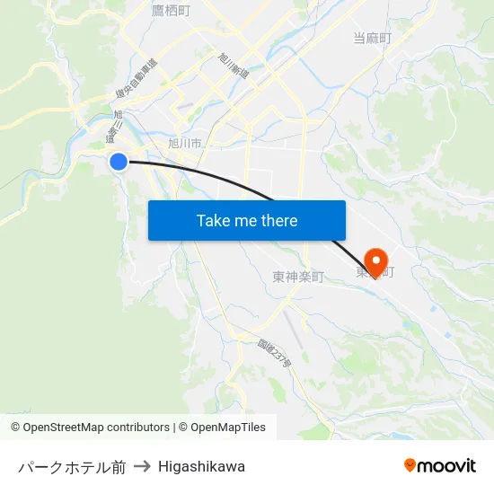 パークホテル前 to Higashikawa map