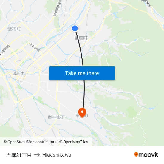 当麻21丁目 to Higashikawa map