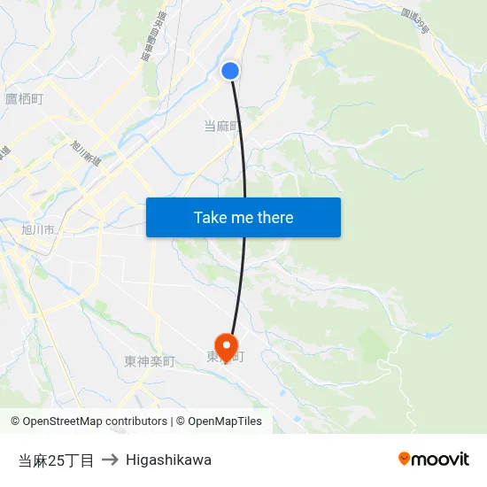 当麻25丁目 to Higashikawa map