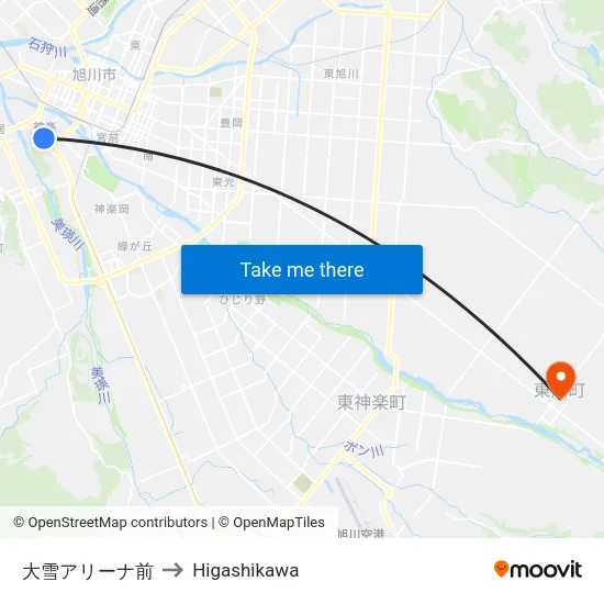 大雪アリーナ前 to Higashikawa map
