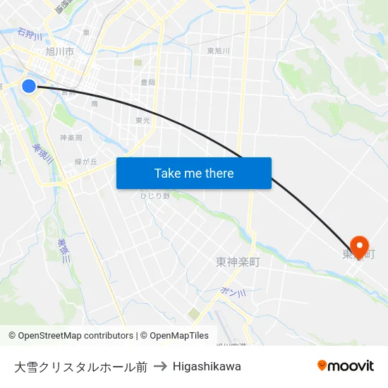 大雪クリスタルホール前 to Higashikawa map