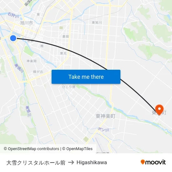 大雪クリスタルホール前 to Higashikawa map