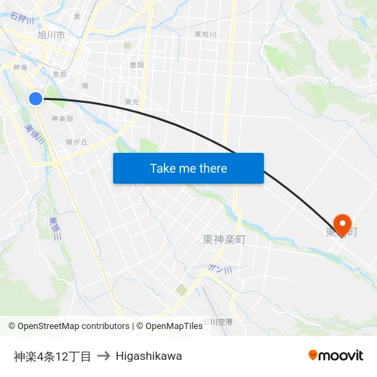 神楽4条12丁目 to Higashikawa map