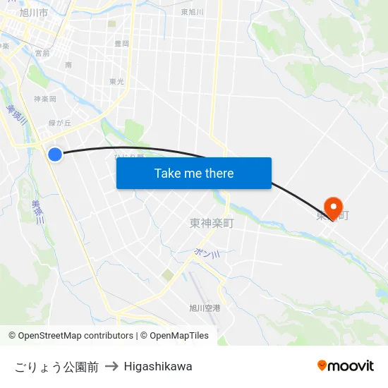 ごりょう公園前 to Higashikawa map