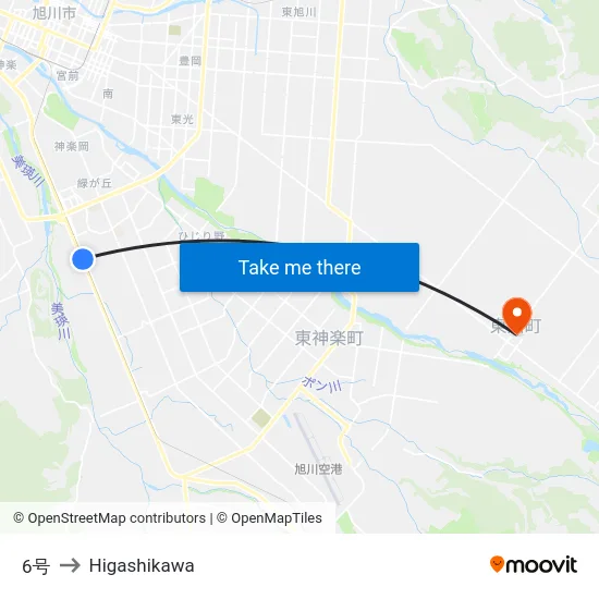 6号 to Higashikawa map