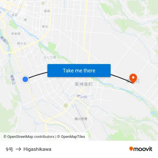 9号 to Higashikawa map