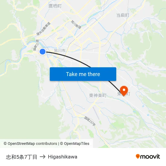 忠和5条7丁目 to Higashikawa map