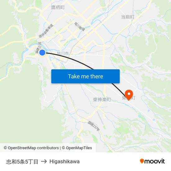 忠和5条5丁目 to Higashikawa map