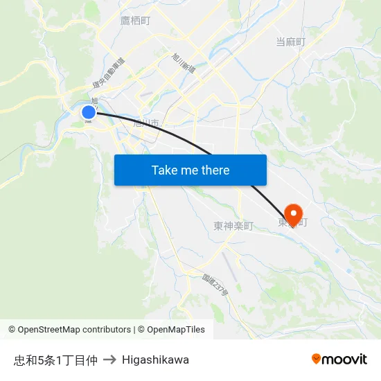 忠和5条1丁目仲 to Higashikawa map