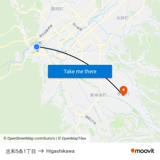 忠和5条1丁目 to Higashikawa map