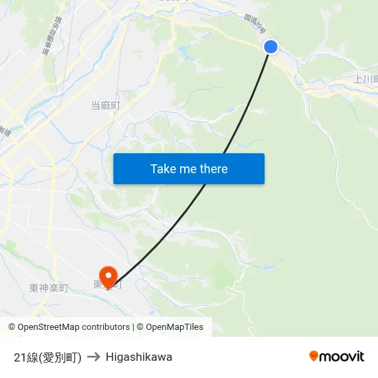 21線(愛別町) to Higashikawa map
