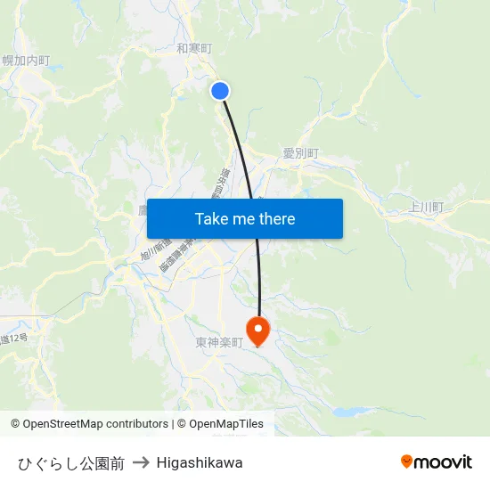 Higurashi Park to Higashikawa map