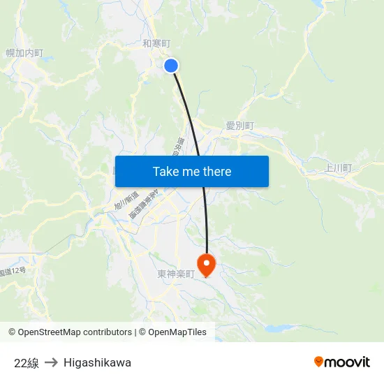 22線 to Higashikawa map