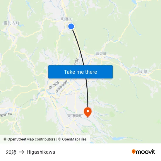 20線 to Higashikawa map