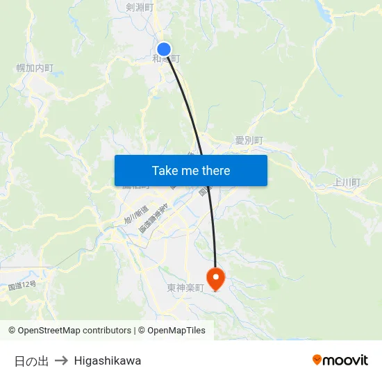 日の出 to Higashikawa map