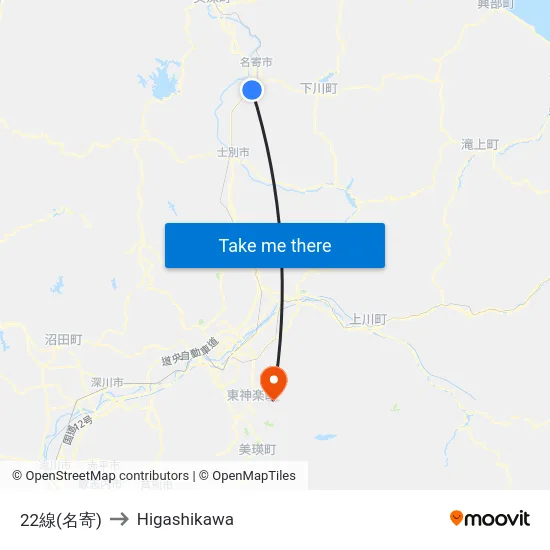 22線(名寄) to Higashikawa map