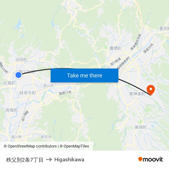 秩父別2条7丁目 to Higashikawa map